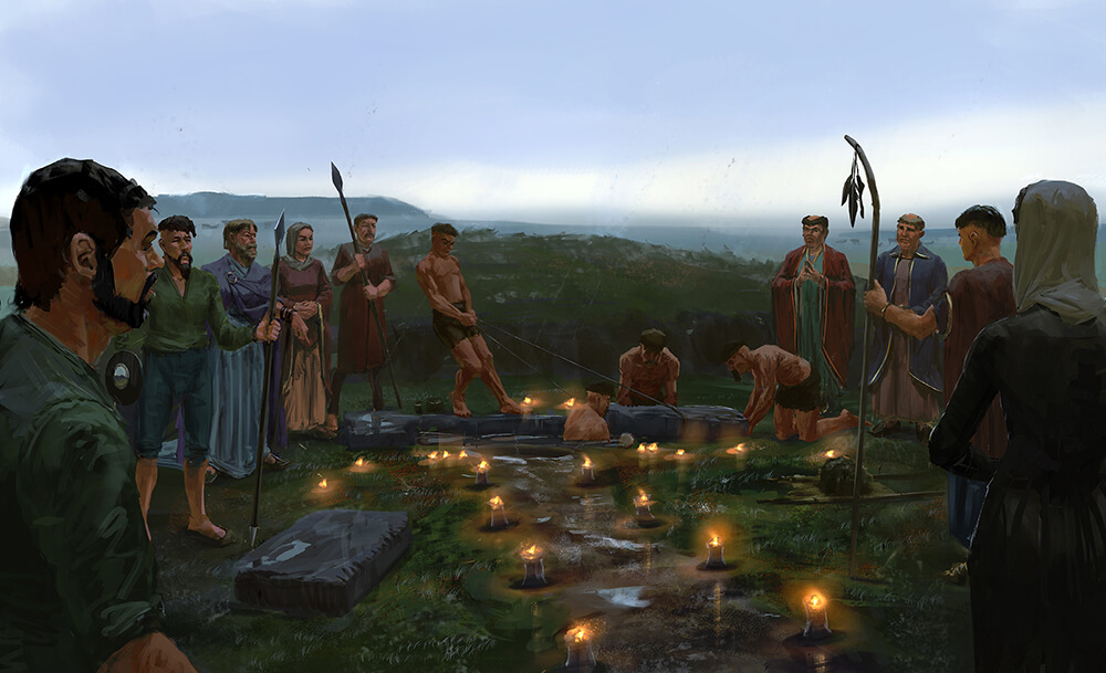 medieval illustration of the building of the cave of Oweynagat