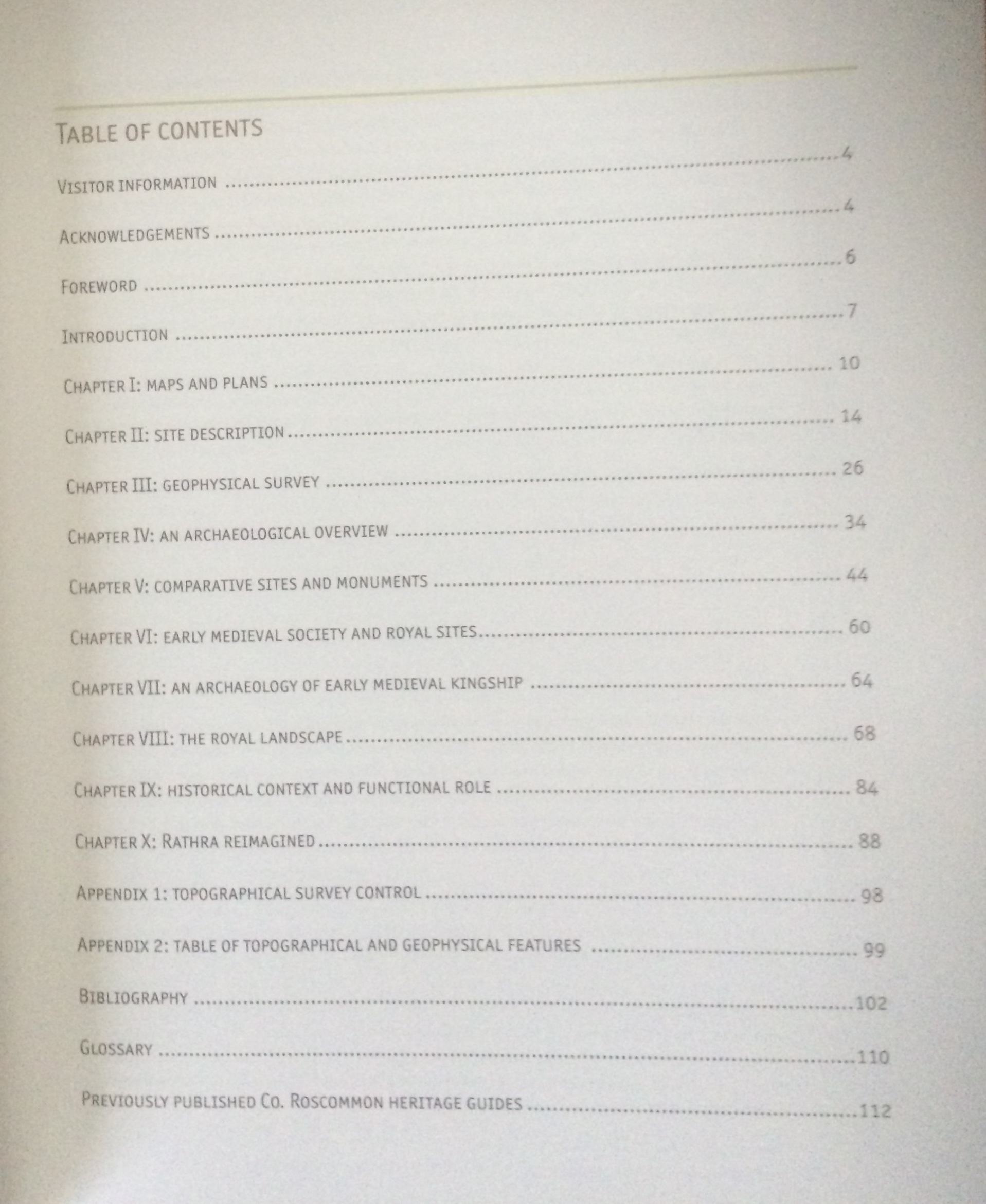 Table of content of Rathra - A Royal Stronghold of Early Medieval Connacht by Joe Fenwick