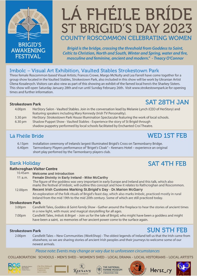 Promotional graphic for Brigid’s Awakening Festival 2025, celebrating the goddess Brigid and St. Brigid's Day with cultural events in County Roscommon