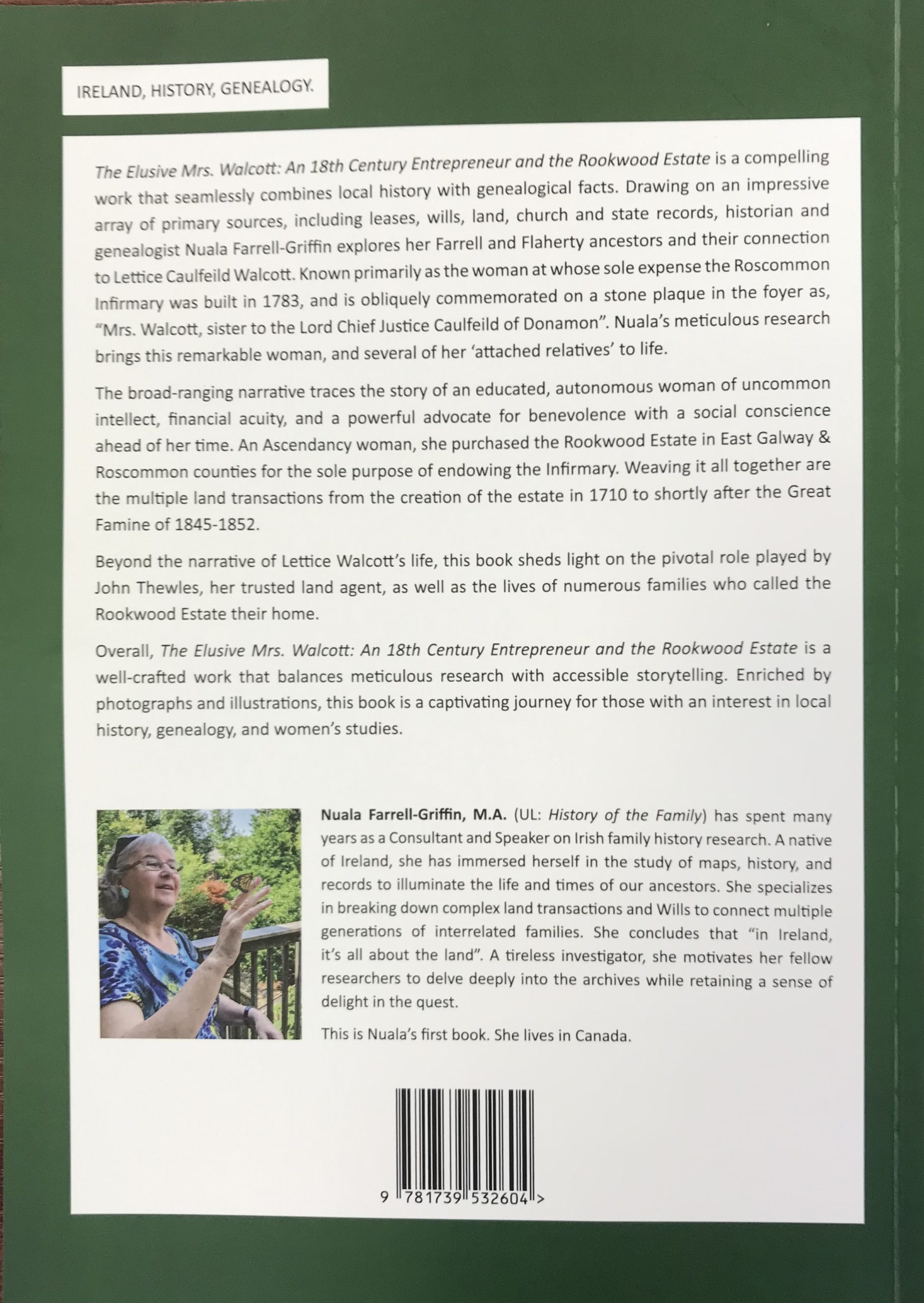 Back cover of 'The Elusive Mrs. Walcott' by Nuala Farrell-Griffin, exploring themes of mystery and literary storytelling