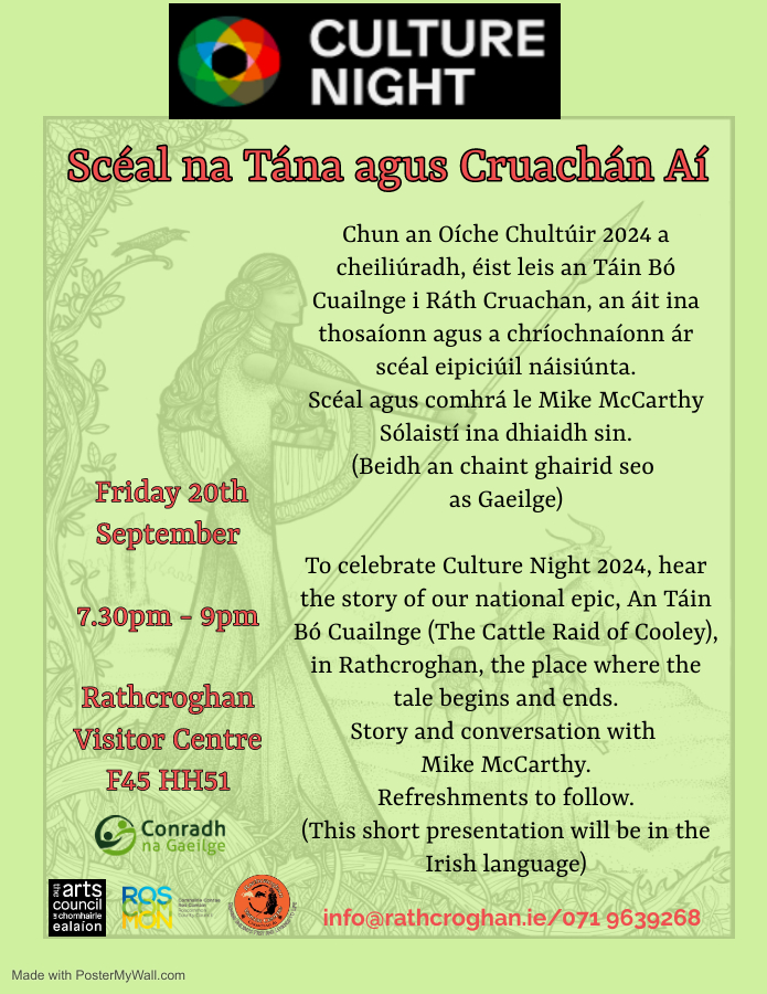 Oíche Chultúir 2024 event poster featuring Scéal na Tána and Cruachán Aí